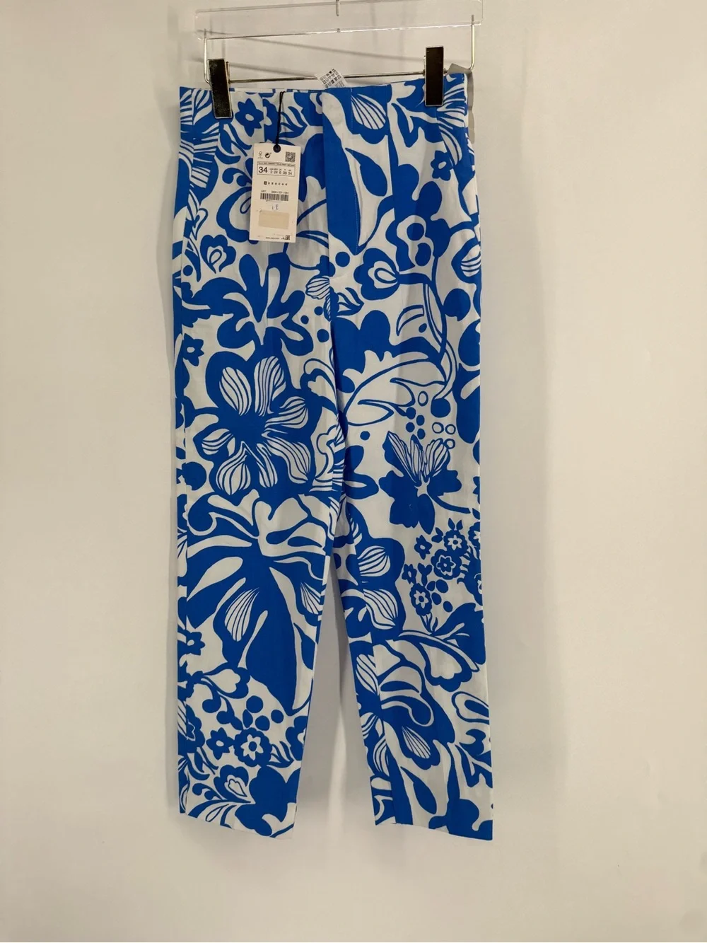 Zara Linen Blend Blue Floral Women's Pants Size 2 NWT